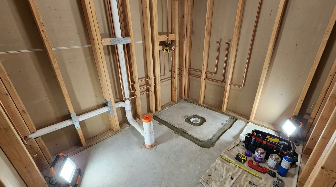 Bathroom rough-in plumbing during remodel by Johns Plumbing LLC in San Joaquin