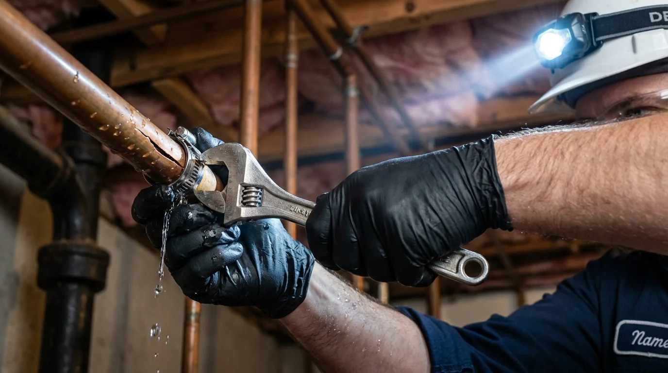 Emergency pipe clamp repair being performed by a Johns Plumbing LLC plumber in San Joaquin