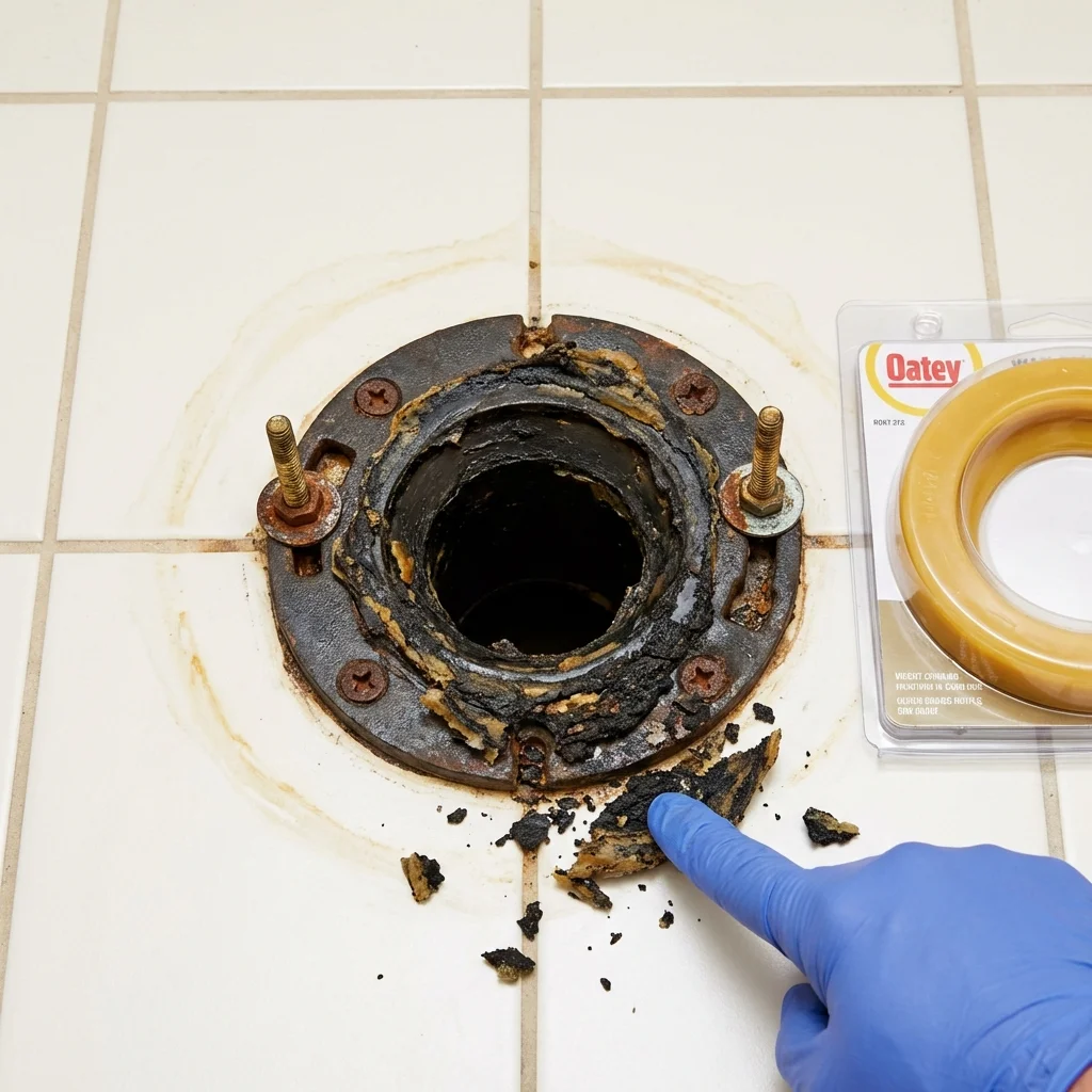 Failed wax ring showing water seepage at the base of a toilet in a San Joaquin, CA home