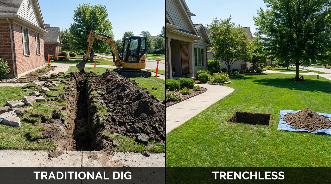 Trenchless sewer repair with minimal yard damage versus traditional excavation in San Joaquin, CA