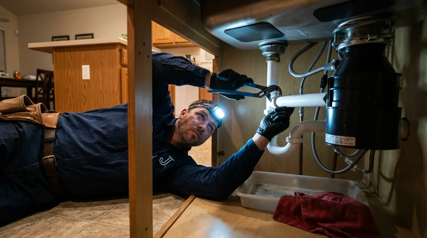 P-trap and supply line connections under a kitchen sink showing a common leak point in San Joaquin, CA